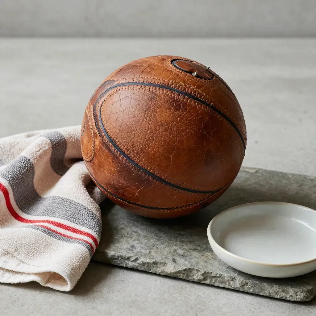 Scuffed game ball on stone tray with striped towel and ceramic dish