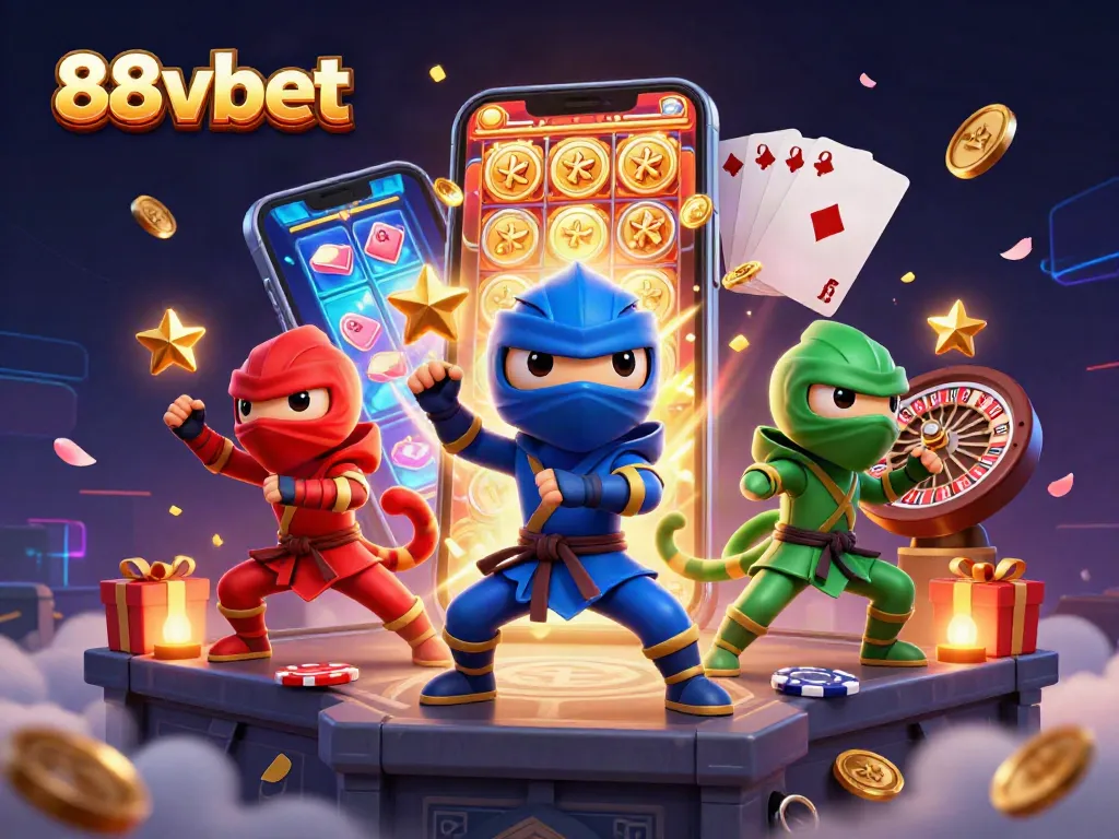 Engage with 88vbet through this dynamic illustration of chameleon ninjas showcasing thrilling gaming elements.