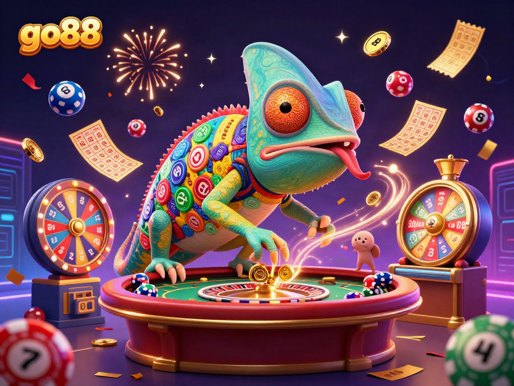 Experience thrilling gameplay with go88 in this vibrant 3D casino illustration featuring dynamic characters and colorful game elements.