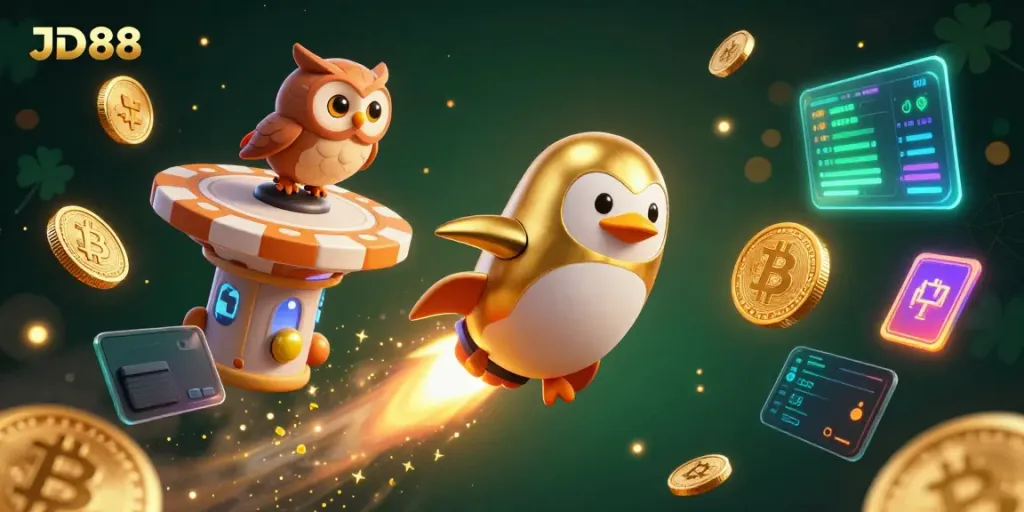 Experience JD88 with a golden penguin and space casino, rich in crypto details.