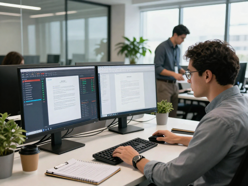 Document fraud detection analysis in a modern office with an analyst reviewing digital documents.