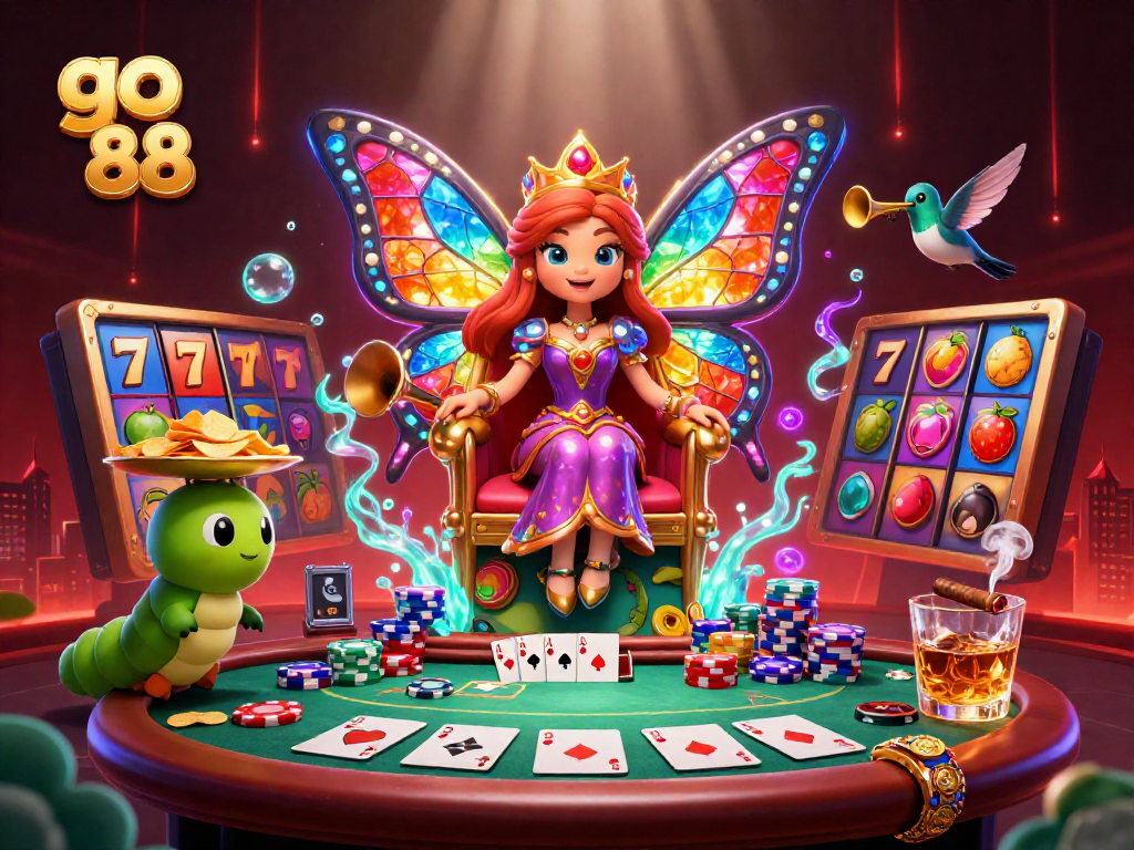 Engage with go 88 in a vibrant scene featuring a butterfly queen surrounded by slots, chips, and animated gambling elements.