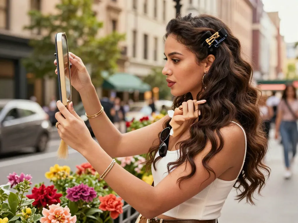 Showing a woman styled with invisi edge clip in hair extensions, highlighting effortless beauty in an urban setting.