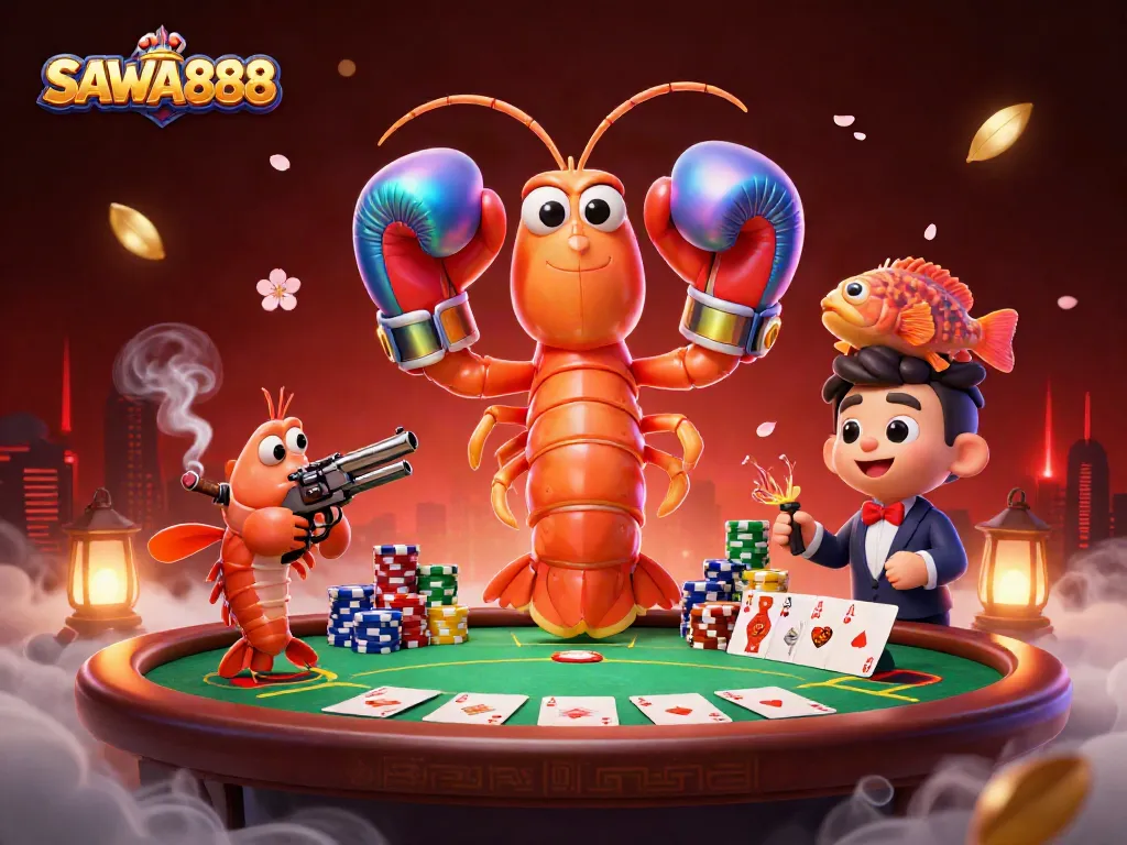 Experience SAWA888 with vibrant poker action featuring colorful chips and dynamic characters.