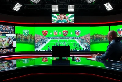 Captivating sports broadcasting scene with hosts discussing live updates and highlights.